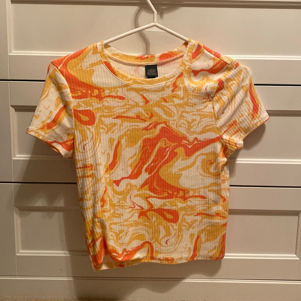 White, orange, yellow cropped shirt